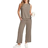 WIHOLL Two Piece Set for Women Summer Outfits Vacation Lounge Sets Round Neck Matching Sets Wide Leg Crop Pants