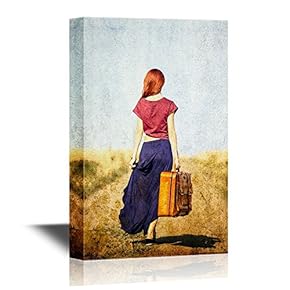 Canvas Wall Art - Redhead Girl with Suitcase at Countryside Road - Gallery Wrap Modern Home Art | Ready to Hang - 12x18 inches