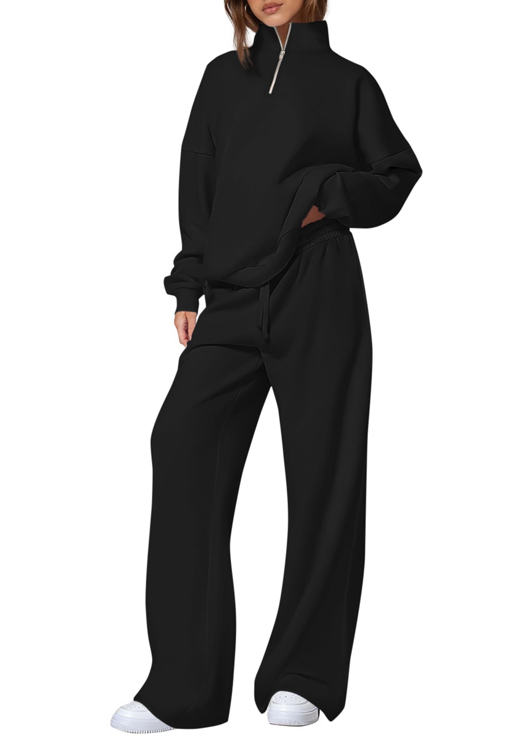 Photo 1 of PRETTYGARDEN Womens Casual Two Piece Sets Fall 2025 Outfits Quarter Zip Sweatshirts Straight Leg Pants Sweatsuits Tracksuit (Black,Medium)