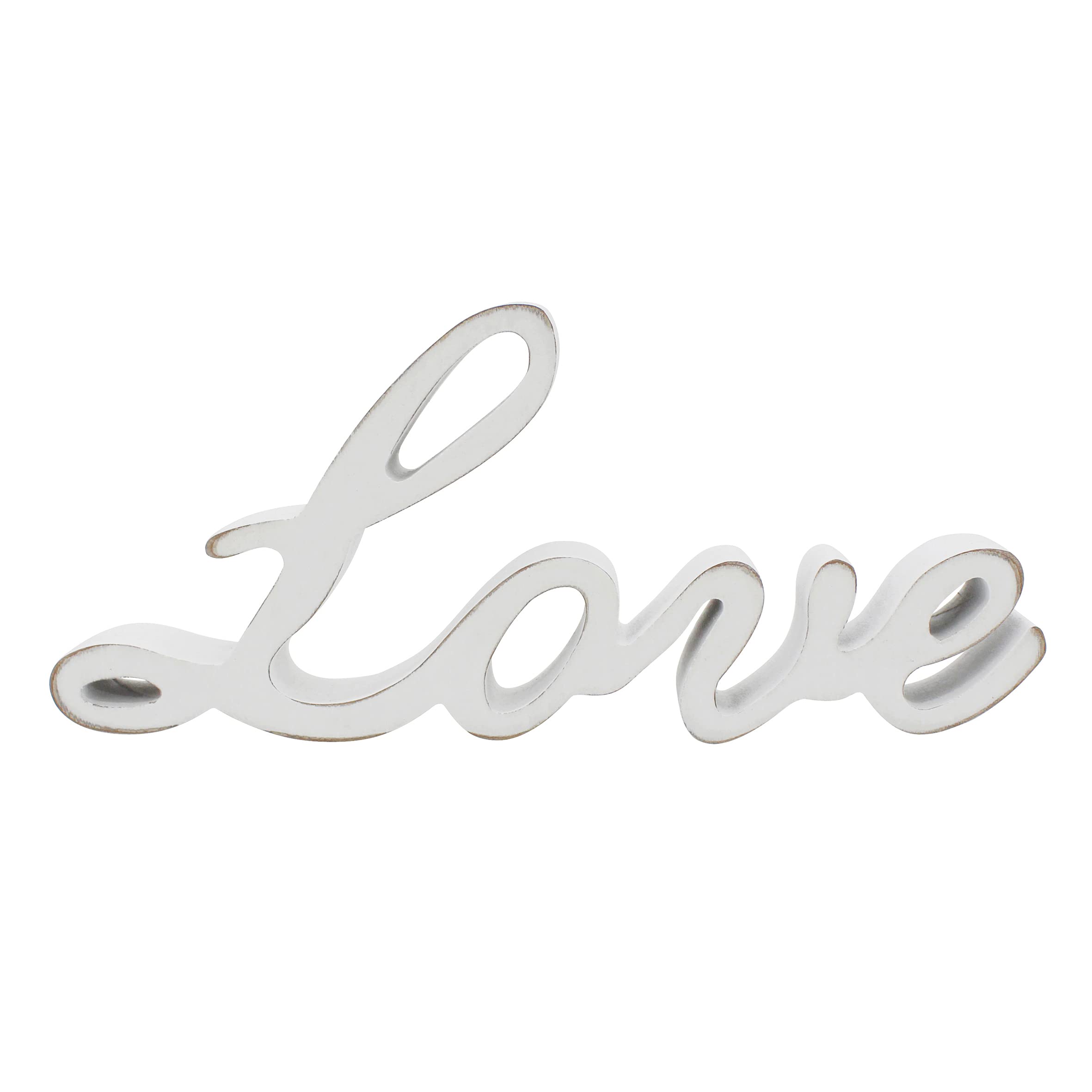 CVHOMEDECO. Rustic Vintage Distressed White Wooden Words Sign Free Standing Love Tabletop/Shelf/Home Wall/Office Decoration Art, 10.25 x 4.5 x 1 Inch