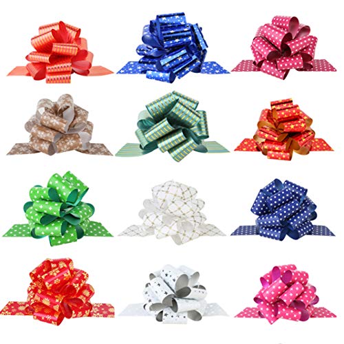 PintreeLand 12PCS Christmas Wrap Pull Bows with Ribbon 5” Wide Wrapping Accessory for Xmas Present, Gift, Florist, Bouquet, Basket(12PCS)