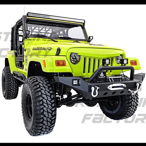 Restyling Factory 97-06 Wrangler Full Size TJ Rock Crawler Front Bumper with Winch Mount Plate, Built in 2x Square LED Side Mount (Black)