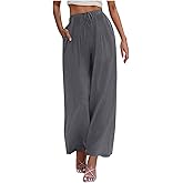 jxsoyen Women's Pants Wide Leg Elastic Waist Palazzo Lightweight Linen Summer Beach Lounge Pants Comfy Cotton Flowy Pants
