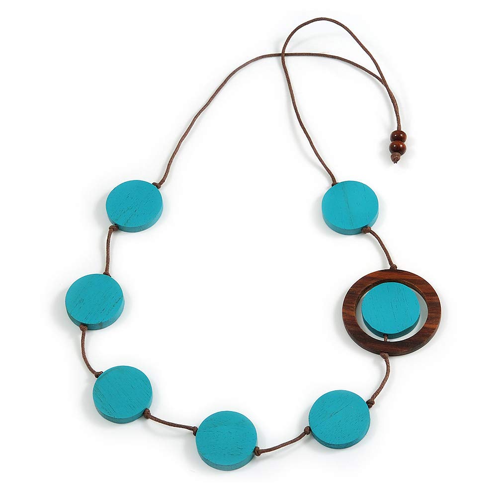 Avalaya Turquoise Blue/Brown Coin Wood Bead Cotton Cord Necklace - 80cm Long - Adjustable