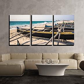3 Piece Canvas Wall Art - Fishing Canoes on The Beach of Itampolo, Southern Madagascar - Modern Home Art Stretched and Framed Ready to Hang - 16"x24"x3 Panels