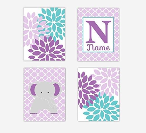 Elephant Girl Nursery Art Purple Teal Flower Burst Dahlia Mum Elephant Wall Decor Baby Girl Nursery Decor Personalize Nursery Art Flower Art SET OF 4 UNFRAMED PRINTS