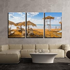 3 Piece Canvas Wall Art - Sun Umbrellas Made of Dry Vegetation, Sun Beds and a Lifeguards 