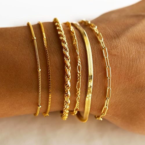 DEARMAY Gold Bracelets for Women Waterproof, 14K Gold Plated Stackable Jewelry Sets Non Tarnish Trendy Thin Dainty Cuban Link Paperclip Chain Bracelet Stack Fashion Accessories Gifts for Womens