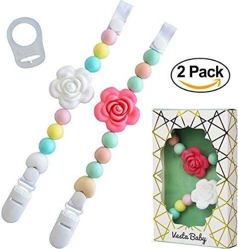 Vesta Baby Pacifier Clips with Silicone Teething Beads for Girls, MAM Pacifier Clip Adapter, Soothie Pacifier Holder &amp; Baby Teether Holder, Universal Binky Clips are Best Baby Girl Gifts, Set of 2