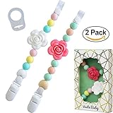 Silicone Pacifier Clip and Teether Holder for Teething Baby Girl | Set of 2 Shabby Chic Mint/Peach/Pink/Yellow/Light Blue Designs | Soft Chewable Beads and Roses
