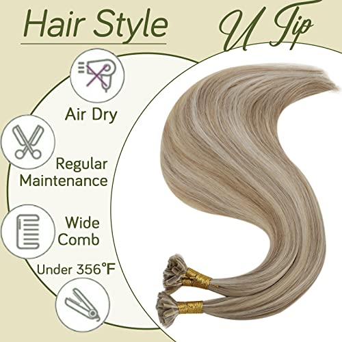 RUNATURE Keratin Hair Extensions Natural Light Brown Highlight Golden Blonde 55 cm 50 g 50s Invisibility Extensions #8P24