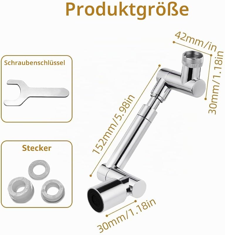 Drehbarer Wasserhahn Aufsatz, 1440 Grad Drehbarer Multifunktionaler Wasserhahn Verlängerungshahn, Wasserhahnaufsatz mit 2 Einstellbarer Adapter, Wasserhahnverlängerung für Bad und Küche — Foto 4 von 7
