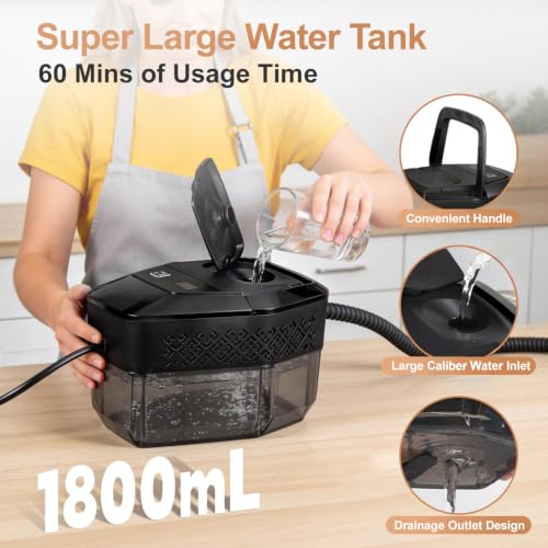 Vaporeta limpieza hogar, limpiador de vapor portátil 1500W, vaporeta de mano calentamiento rápido en 15s, depósito de agua de 1,8 L, con 12 accesorios para coches, negro (Mantenga 3s para comenzar)