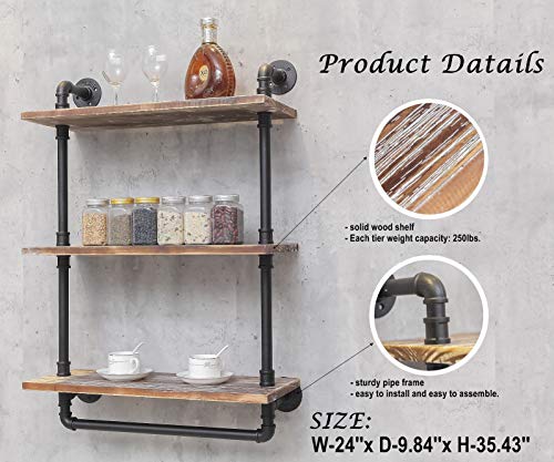 DOFURNILIM Industrial Retro Wall Mounted Iron Water Pipe Shelf - Hung Bracket - DIY Storage Shelving Bookshelf - Wood Shelf (24" Width Wall Bookcases) - Thumbnail 2