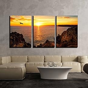 3 Piece Canvas Wall Art - Tranquil Sunset Scenery at The Ocean with The Sunlight Reflected on The Water - Modern Home Art Stretched and Framed Ready to Hang - 16"x24"x3 Panels