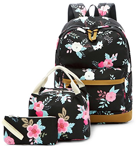 BLUBOON Canvas Bookbags School Backpack Laptop Schoolbag for Teens Girls High School (Black floral-0023)