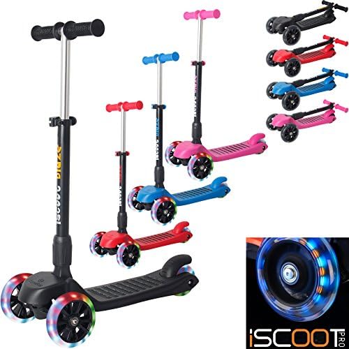 iScoot Blaze© Light Weight 3 Wheel Tilt and Turn Folding Kick Scooter with LED Light Up Wheels T-Bar Bobbi Board for Boys / Girls / Children / Kids - Ages 5-12 - Blue
