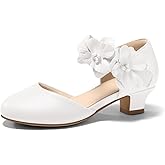 Coutgo Girls Dress Shoes Closed Toe Low Chunky Heels Flower Slip On Party Princess Pumps for Toddler Little Big Kids