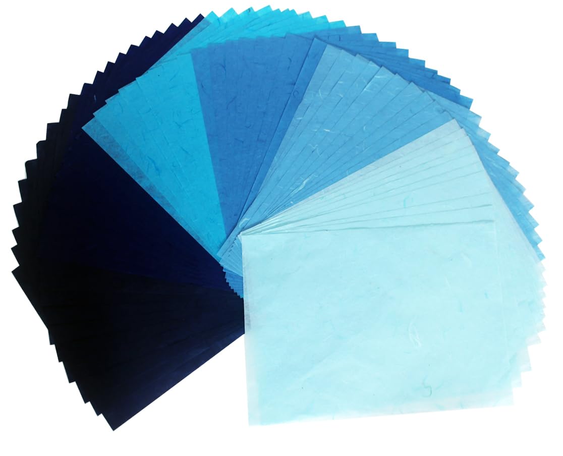 50 Mulberry Paper Sheets Plain Colors Origami Design Craft Hand Made Art Tissue Japan Washi Card Making Decoupage (Blue)