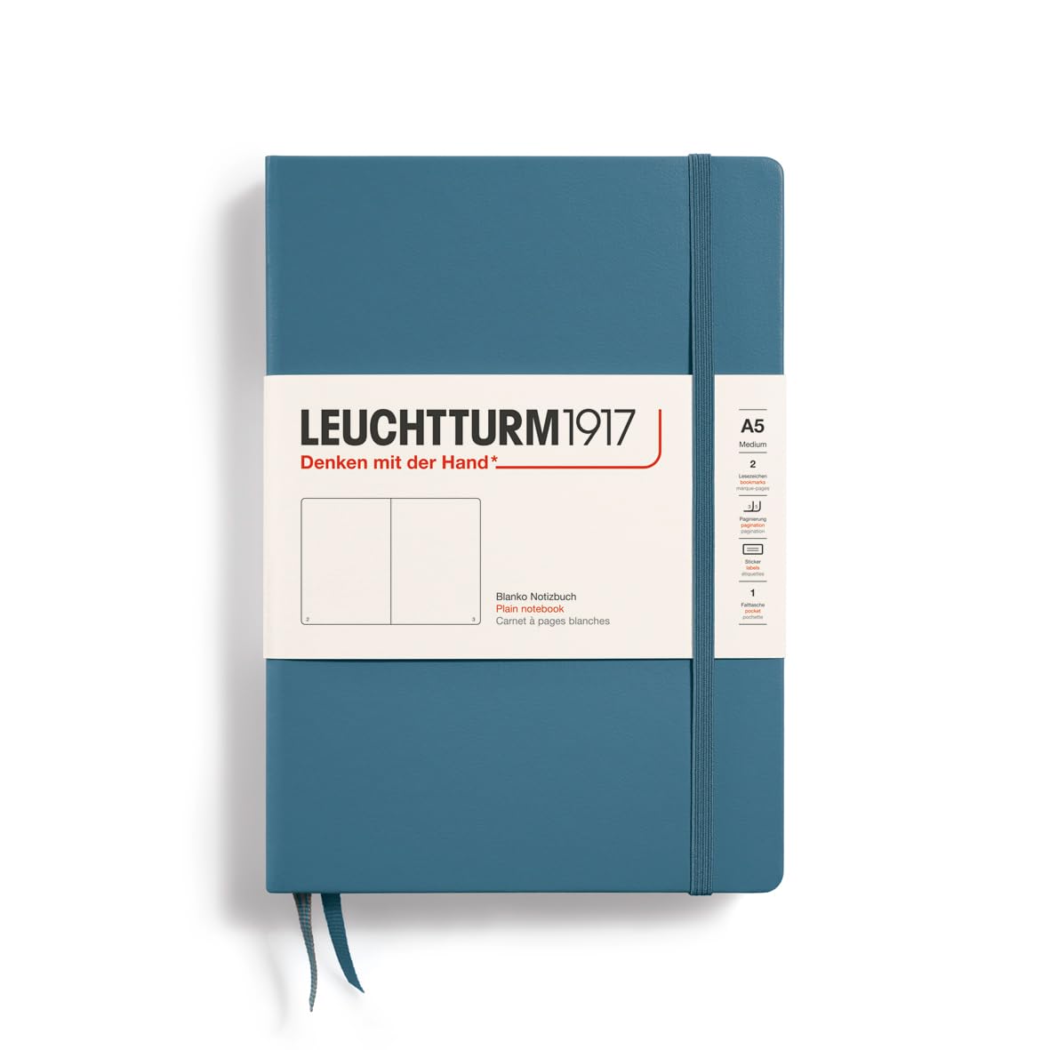 LEUCHTTURM1917 363333 Notebook Medium (A5), Hardcover, 251 Numbered Pages Stone Blue, Plain