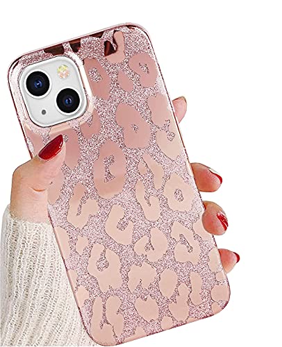 J.west Case Compatible with iPhone 15 Case 6.1-inch,Luxury Metallic Glitter Leopard Print Design Slim Clear Soft Silicone Bumper Protective Phone Cases Cover for Women Girls Rose Gold