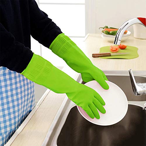 Malier Pack of 2 Pairs Rubber Cleaning Gloves, Extended Kitchen Dishwashing Gloves, Waterproof Reusable Household Cleaning Gloves with Cleaning Cloth (Medium, Green)