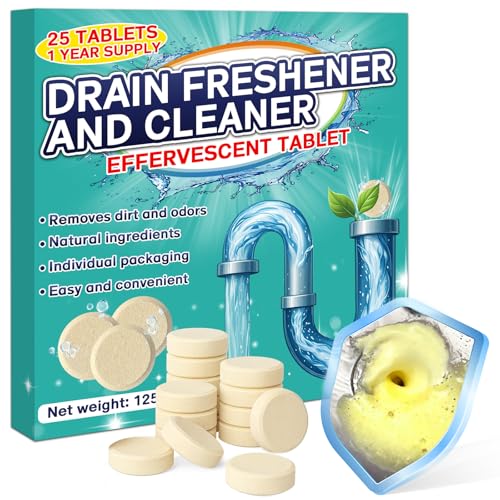 Smelly Drain Cleaning Tablets - 25 Effervescent Tablets - Eliminates Bad Odors from Sink, Toilet, Shower and Kitchen - Suitable for PVC, Steel and Septic Tanks