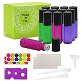Glass Roll-on Bottles - 5ml, 12 Pack, Assorted Colored by Mavogel, Stainless Steel Roller Balls, Essential Oil Opener, Droppers, Funnels, and Labels Included