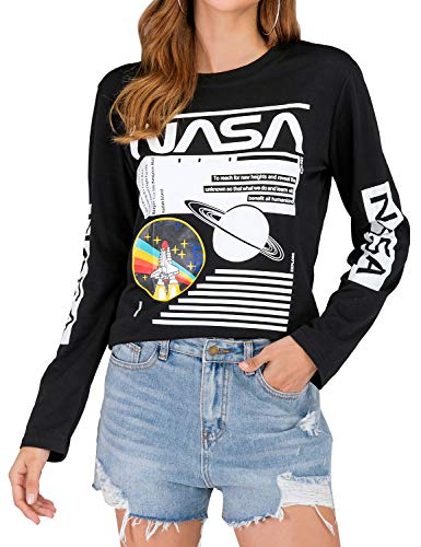 nasa letter painting printed color block round neck long sleeve sweatshirt