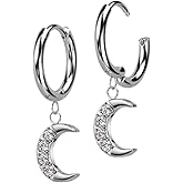 Pierced Owl 20GA 316L Stainless Steel CZ Crystal Crescent Moon Hinged Hoop Dangling Earrings, Sold as a Pair