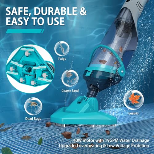 Cordless Pool Vacuum for Above Ground, Handheld Pool Spa Vacuum Cleaner for Rechargeable, Inground Pools Hot Tub,60" Extendable Pole, up to 19.5 GPM for Shallow Stepss,Leaves, Debris