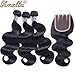 Amella Hair 100% Unprocessed Brazilian Virgin Body Wave Hair 3 Bundles With Closure (16 18 20+14 Three part) 8A Brazilian Body Wave Human Hair Extensions With 4x4 Swiss Lace Closure
