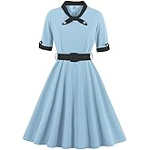 Women 1/2 Sleeve Sailor Tie Neck 1940s Vintage Dress 50s Audrey Hepburn Rockabilly Cocktail Swing Dress with Belt 1950s Tea Party Dress for Woman Wedding Prom A-Line Evening Dress Light Blue+Black M
