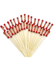 PuTwo Cocktail Picks Handmade Toothpicks 4.7â€ 100ct Red Beads with Rope