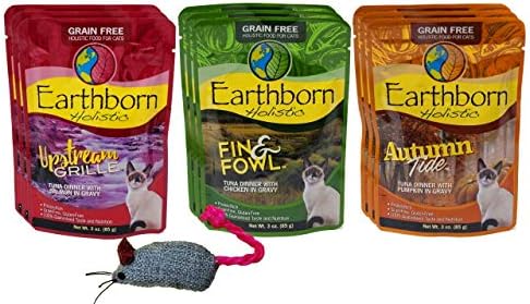Earthborn Holistic Grain Free Cat Food 3 Flavor Variety 9 Pouch Bundle with Toy, (3) Each: Upstream Grille, Autumn Tide, Fin & Fowl (3 Ounces)