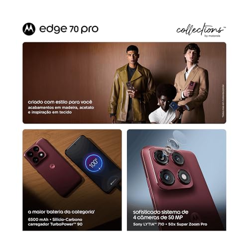 Smartphone Motorola Edge 70 PRO 5G - 256GB 24GB (12GB RAM+12GB Ram Boost), 4 câmeras de 50MP, Tela 1.5K extreme AMOLED 144Hz, Bateria 6500 mAh, IP68/IP69 - Vinho