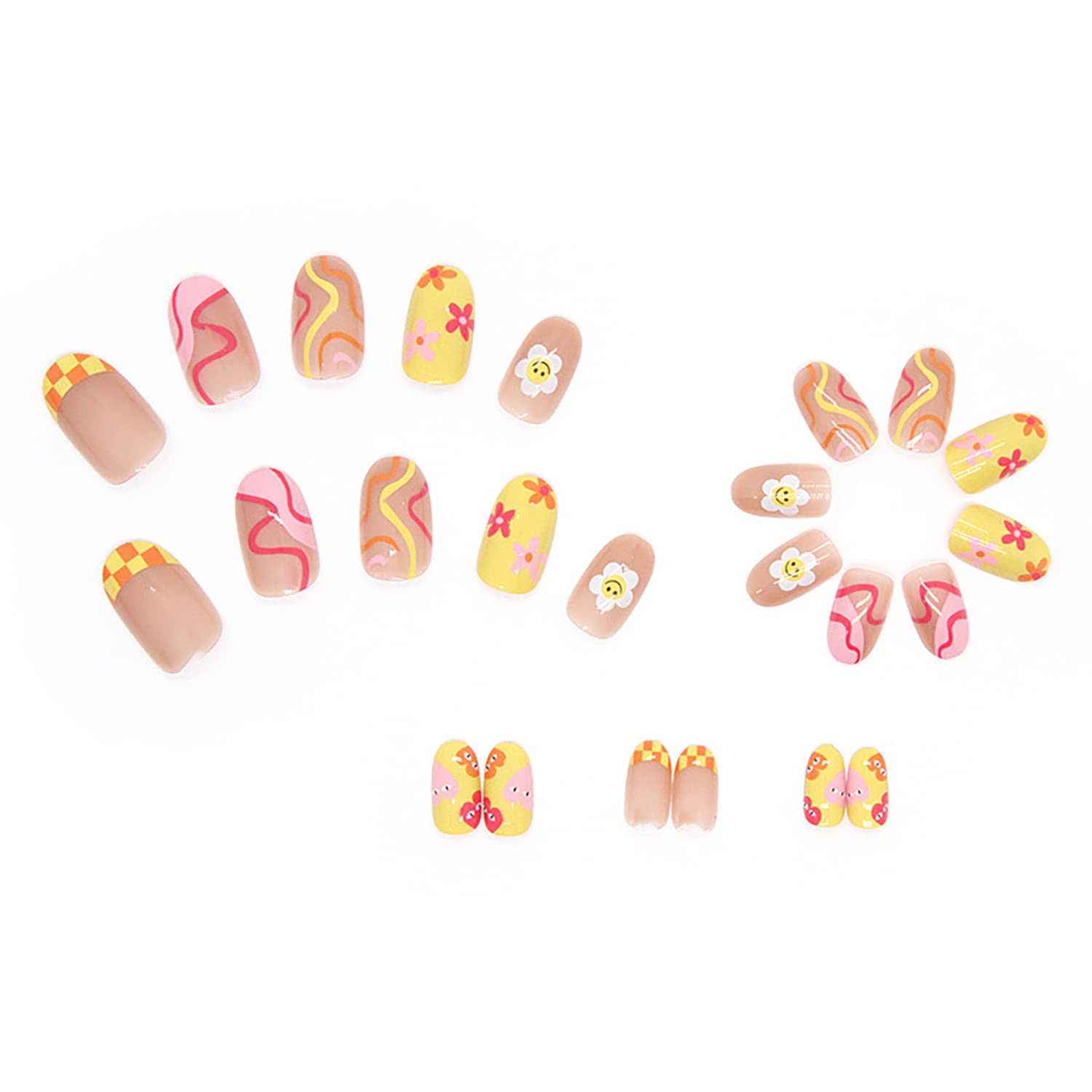 24 Pcs Flower Press on Nails, Almond French Tips Fake Nails Short, Sun Flower False Nails With Glue Stickers, Cute Acrylic Nails for Women and Girls - Image 5