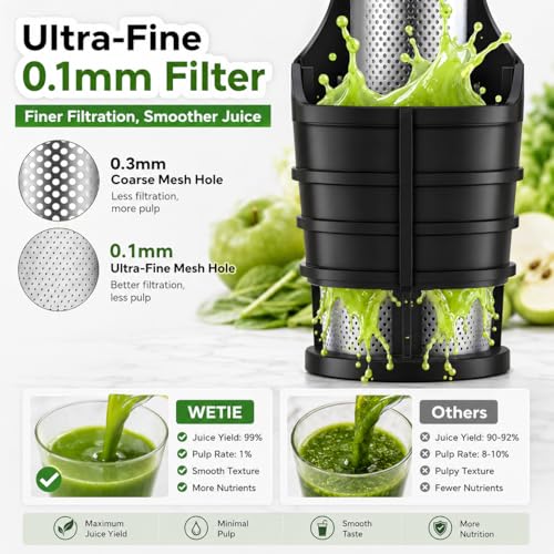 WETIE Exprimidor de prensa en frío, potentes máquinas exprimidoras con presión de jugo ajustable, 99% de alto rendimiento de jugo, exprimidor silencioso de masticaje lento con visualización táctil