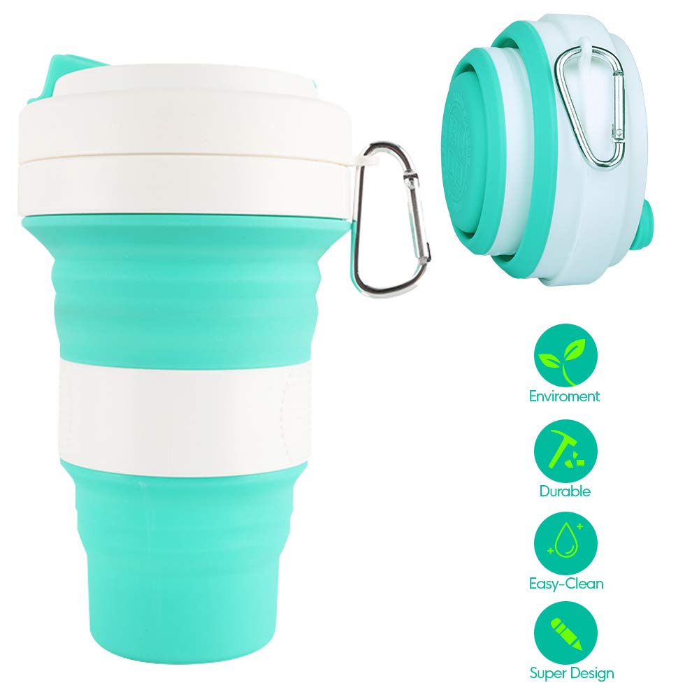 Reusable Collapsible Silicone Cup - Idealife Folding Cup Max Up to 18 Oz/550ml Camping Mug 3 Capacities, BPA free Pocket Mini Size Travel Drinking Cup with Hook for Outdoor Sports, Home (Green)