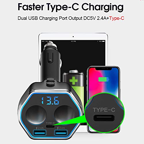 Car Charger,80W Dual USB Car Charger Adapter,A Type C Port and Two Cigarette Lighter Splitter Adapter Sockets with Switchs for GPS, Dashcam, SatNav, iPhone, IPad, Android Etc