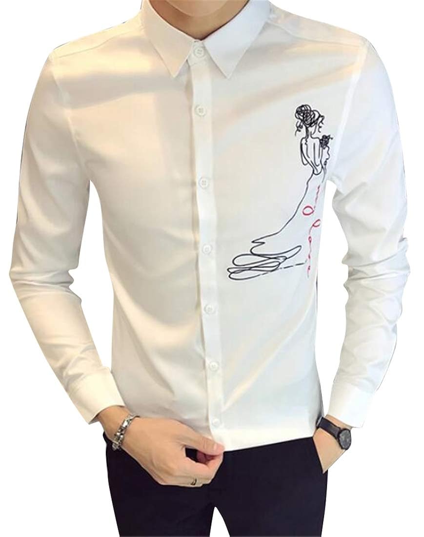 Guocai Men Embroidery Hair Stylist Work Long Sleeve Club Button
