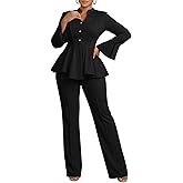 Women Pants Suits 2 Piece Business Long Bell Sleeve Button Peplum Hem Blazer Pants Set