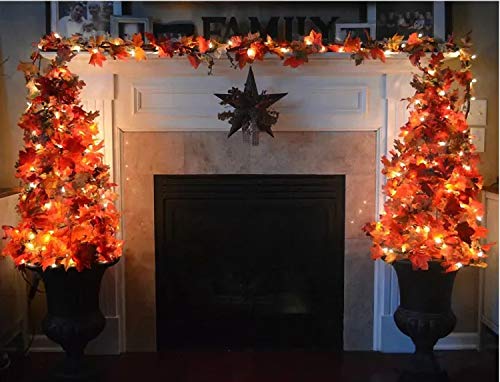 Comtelek 4 Pack Fall Maple Leaf Garland with LED String Lights, 7Ft/Piece Artificial Leaves Hanging Vines Autumn Garland for Thanksgiving Decorations,Fireplace Mantel,Home,Wedding,Thanksgiving Gifts