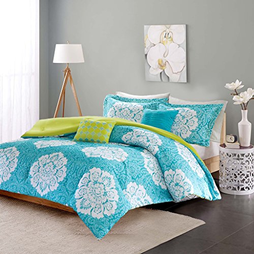 Modern Teen Bedding Girls 4 Piece Reversible Comforter Set Aqua