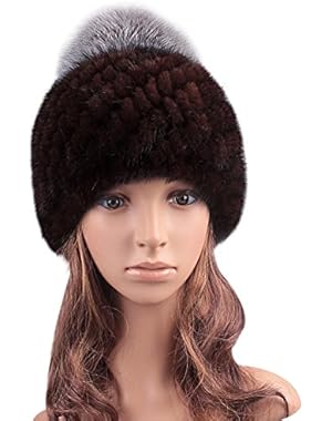 Womens Knitted Mink Fur Hat Large Real Fox Fur Pom Pom Beanie Winter Cap