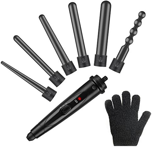 Curling Wand Set Portable Ceramic Curling Iron 0.3-1.25 Inch 6 in 1 cylinder 25mm Bead Hair Curler Waver Maker Interchangeable Barrels（with Heat Resistant Glove）