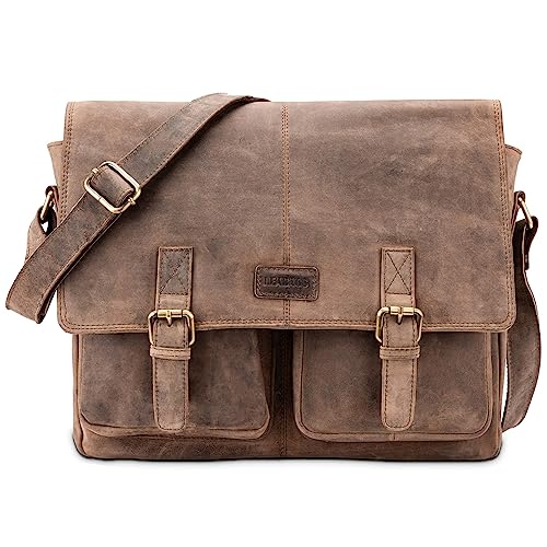 LEABAGS Leather Briefcases for Men - Genuine Leather Cambridge 15 Inch Laptop Bag - Messenger Bag Vintage Shoulder Bag