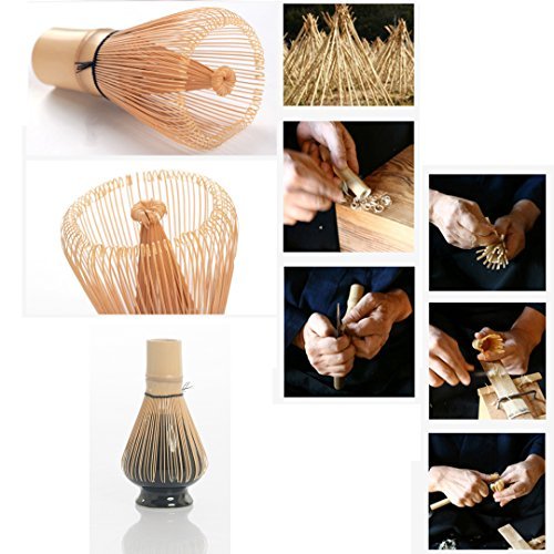 Complete Start Up Matcha Tea Kit - Retro Japanese Natural Bamboo Matcha Whisk (Chasen) - Scoop - Matcha Bowl - Whisk Holder - Ceremony Matcha tea Sets (Lotus flower, 4 PCS)