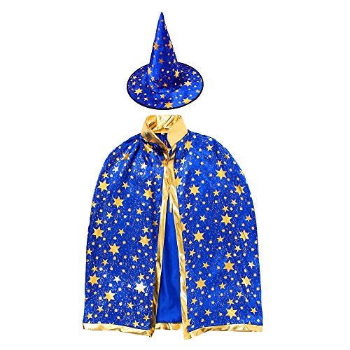 Children Costumes Stars Style for Halloween and Christmas Sorcerer/Witch Costume with Hat and Cloak (Blue Suit With Stars)