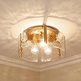 CKENSU 16 inch Gold Semi Flush Mount Ceiling Light, 3-Light Modern Glass Drum Fixture for Dining Room, Bedroom, and Entryway